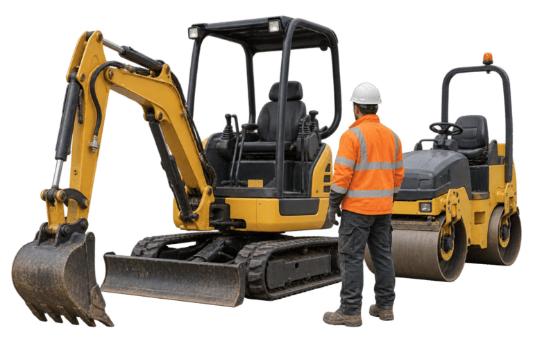 Illustration of a groundworker with an excavator and roller