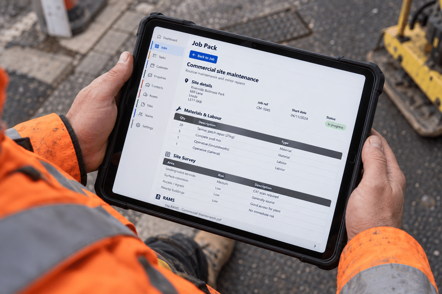 Illustration of a site worker viewing a digital job pack on an iPad